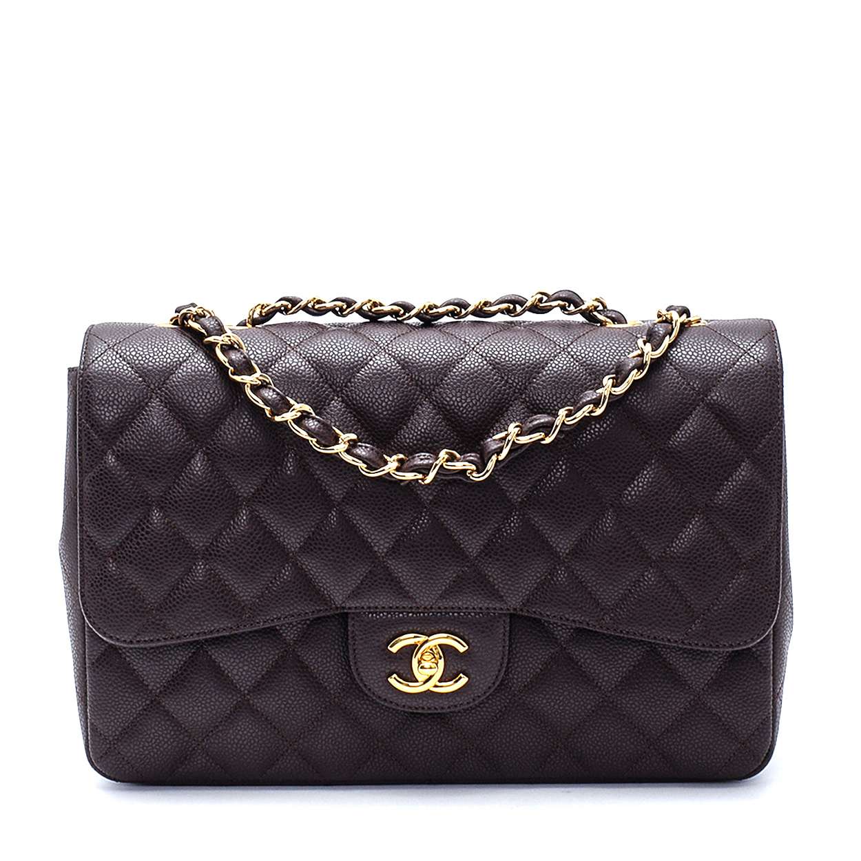 Chanel - Dark Brown Caviar Leather Quilted Single Jumbo Flap Bag